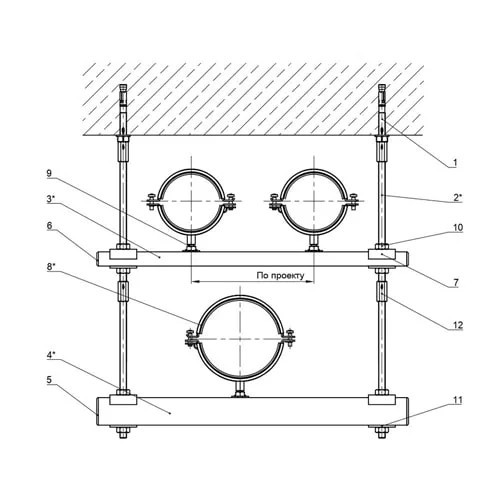 Крепление нескольких трубопроводов к перекрытию