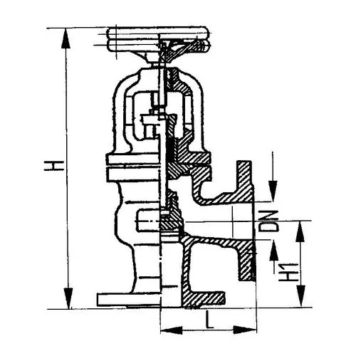 Фланцевый угловой сальниковый судовой запорный клапан с ручным управлением 521-35.705 